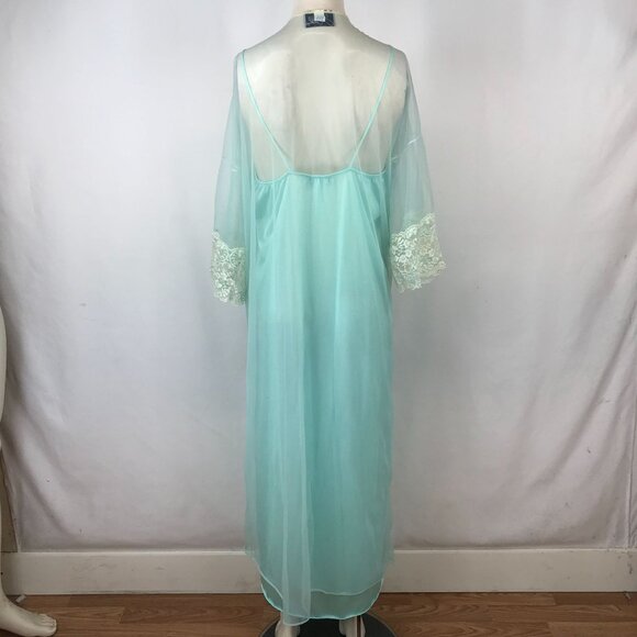 VINTAGE JOAN COLLINS- WOMEN'S MEDIUM - BLUE 2 PIECE NYLON NIGHT GOWN & ROBE SET - Picture 5 of 9